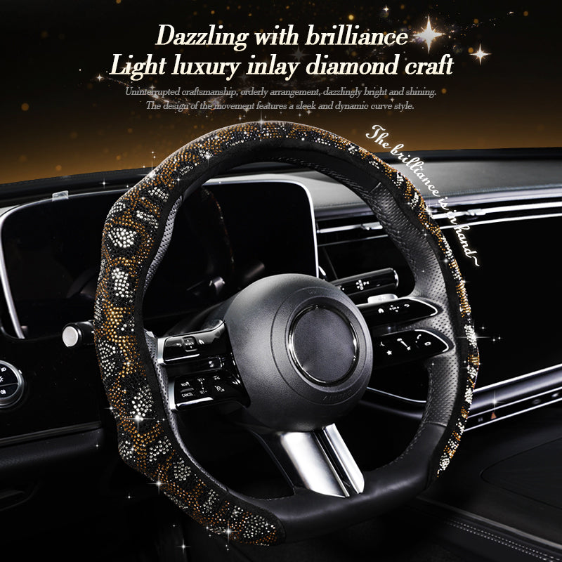 Leopard Print Rhinestone Bling Elastic Steering Wheel Cover