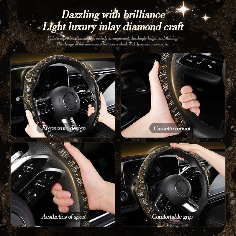 Leopard Print Rhinestone Bling Elastic Steering Wheel Cover