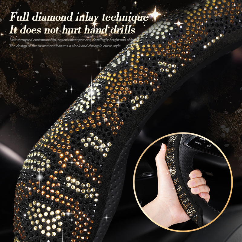 Leopard Print Rhinestone Bling Elastic Steering Wheel Cover