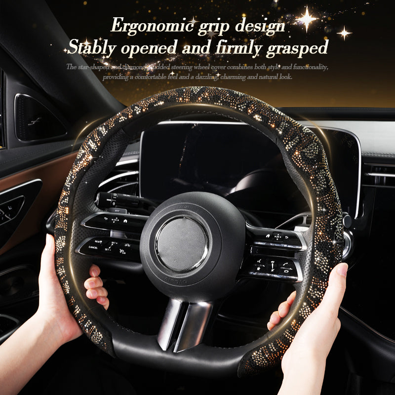 Leopard Print Rhinestone Bling Elastic Steering Wheel Cover