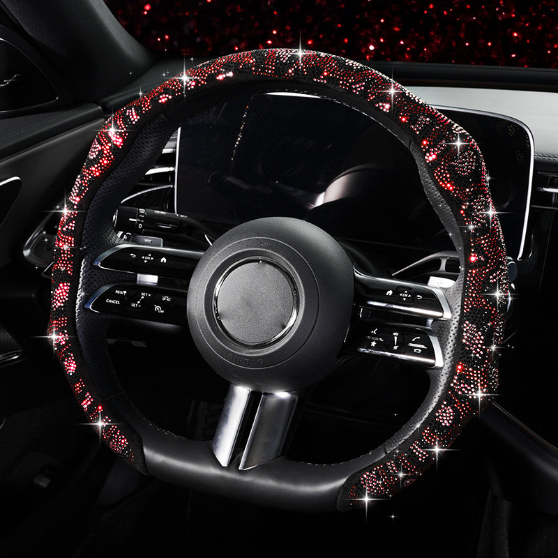 Leopard Print Rhinestone Bling Elastic Steering Wheel Cover