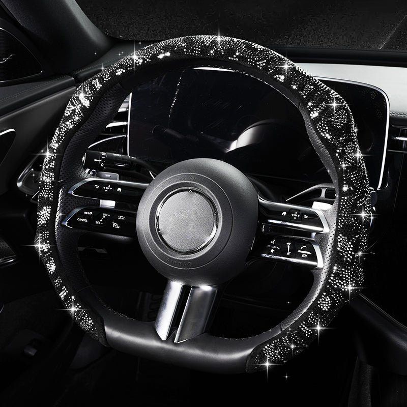 Leopard Print Rhinestone Bling Elastic Steering Wheel Cover