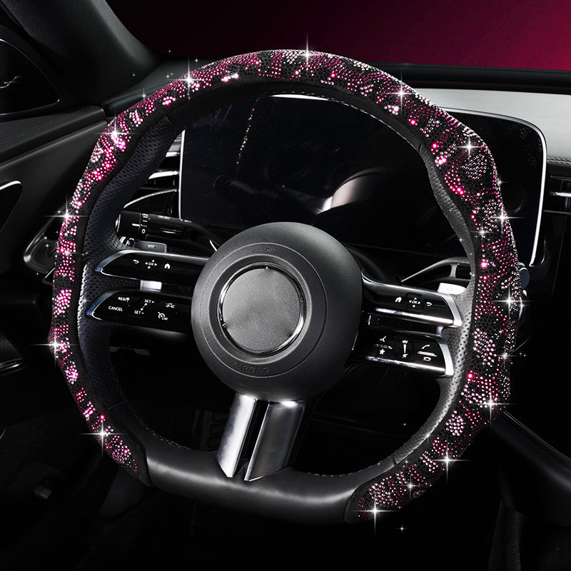 Leopard Print Rhinestone Bling Elastic Steering Wheel Cover