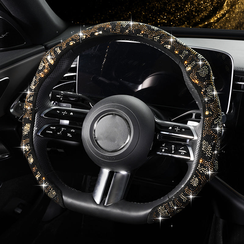 Leopard Print Rhinestone Bling Elastic Steering Wheel Cover