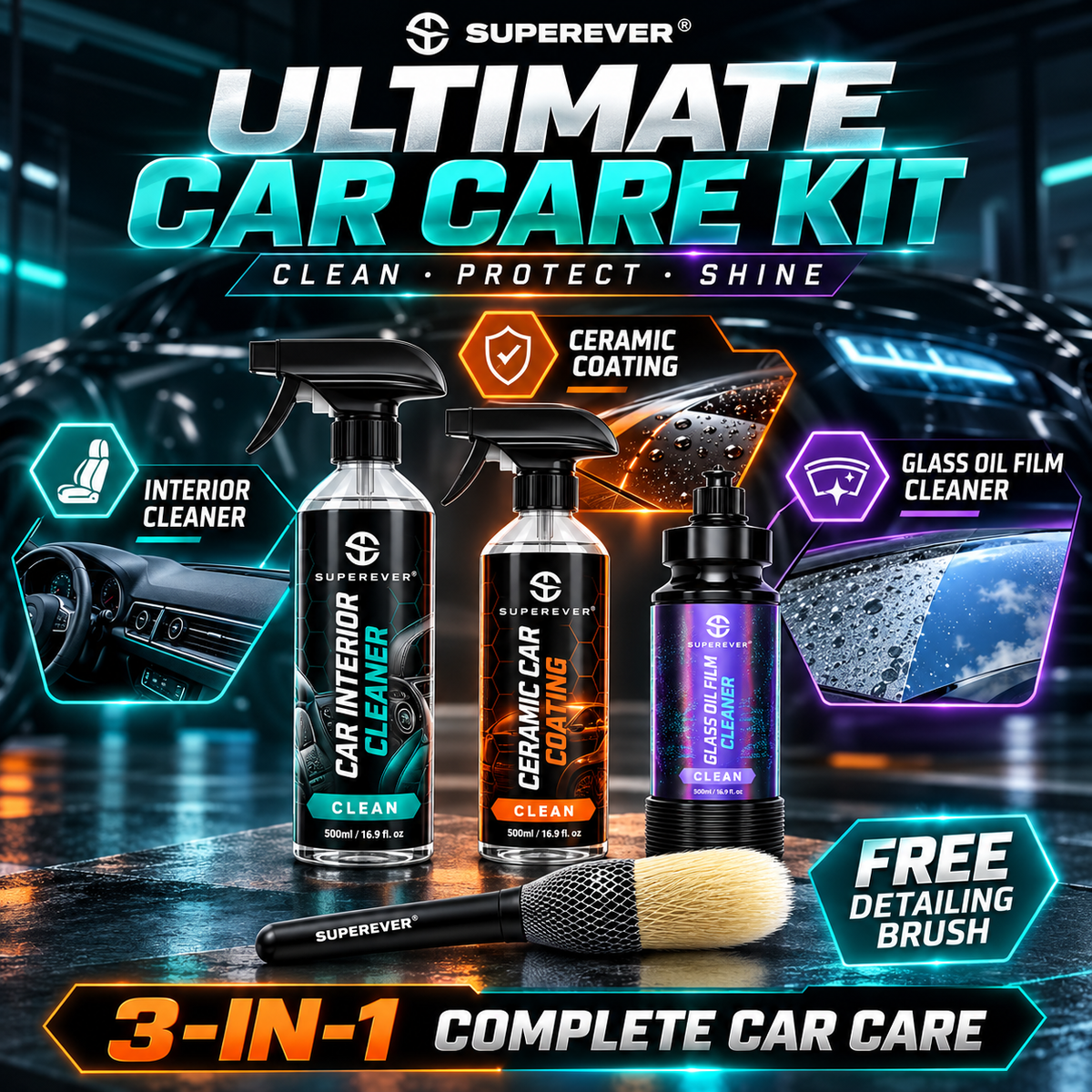 SUPEREVER 3-in-1 Ultimate Car Care Kit – Clean, Protect & Shine